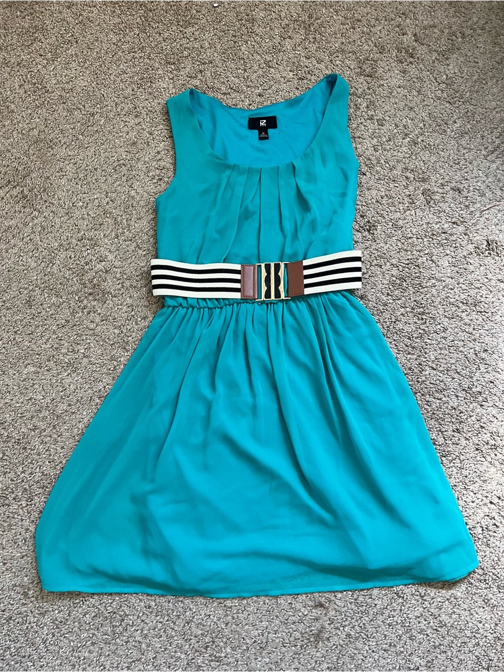 Juniors Style Turquoise A-Line Knee Length Belted Scoop Neck Pleated Midi Dress